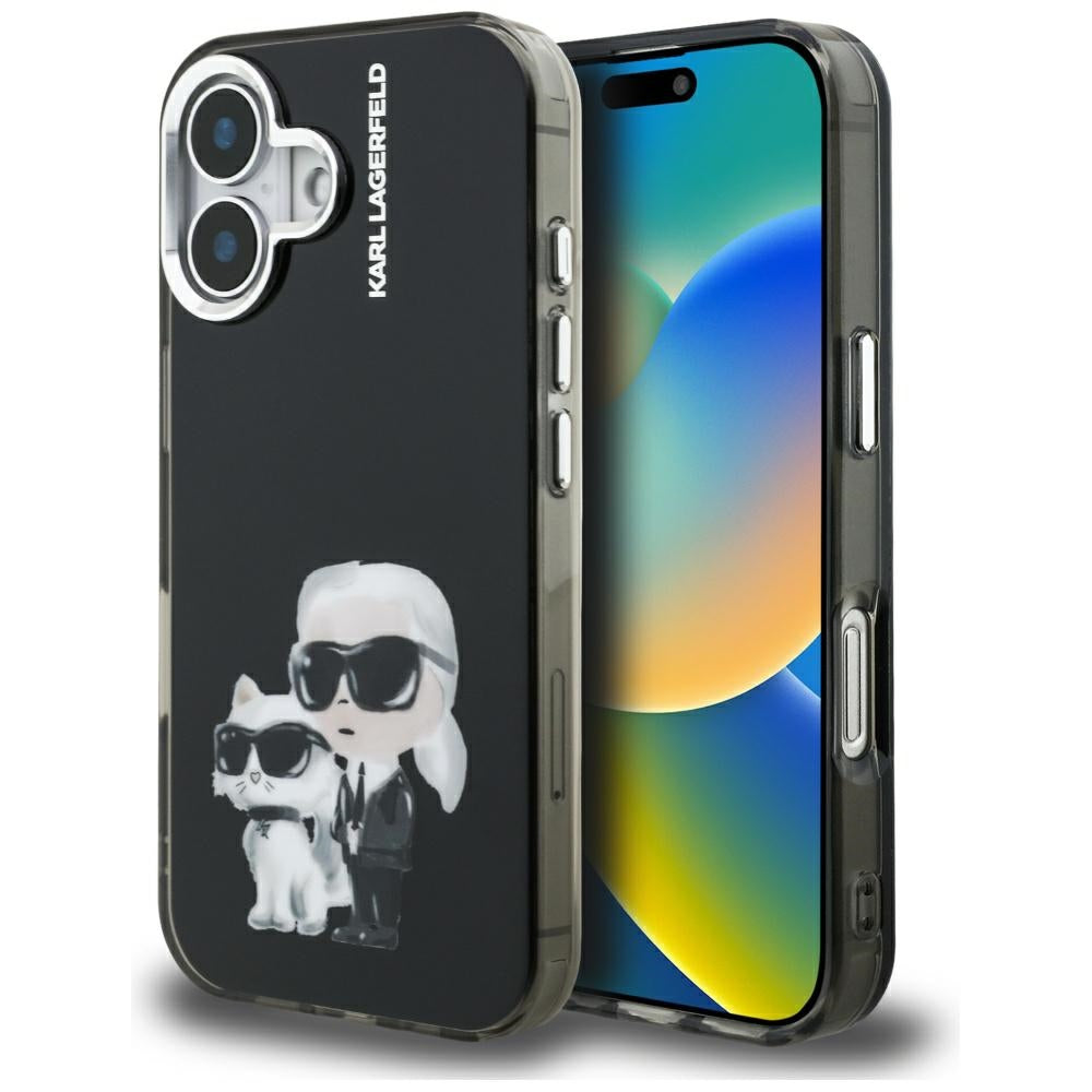 Futrola za Apple iPhone 16, Karl Lagerfeld, IML Aquarelle Logo Karl & Choupette, Crna