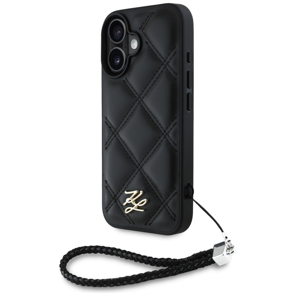 Futrola za Apple iPhone 16, Karl Lagerfeld, Quilted Initial Logo & Chain Strap, Crna