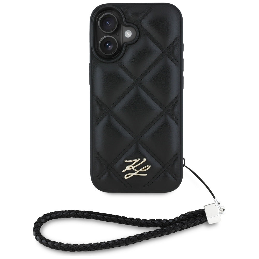 Futrola za Apple iPhone 16, Karl Lagerfeld, Quilted Initial Logo & Chain Strap, Crna