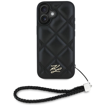 Futrola za Apple iPhone 16, Karl Lagerfeld, Quilted Initial Logo & Chain Strap, Crna