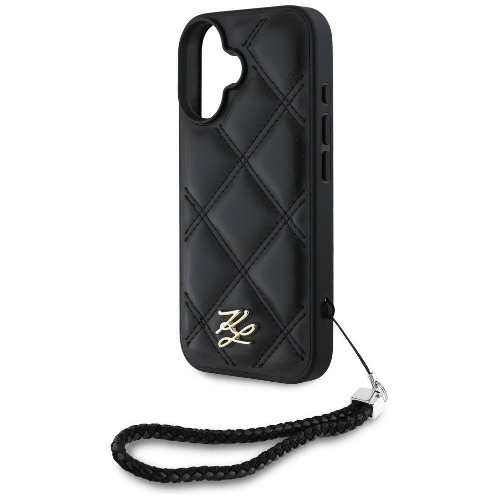 Futrola za Apple iPhone 16, Karl Lagerfeld, Quilted Initial Logo & Chain Strap, Crna