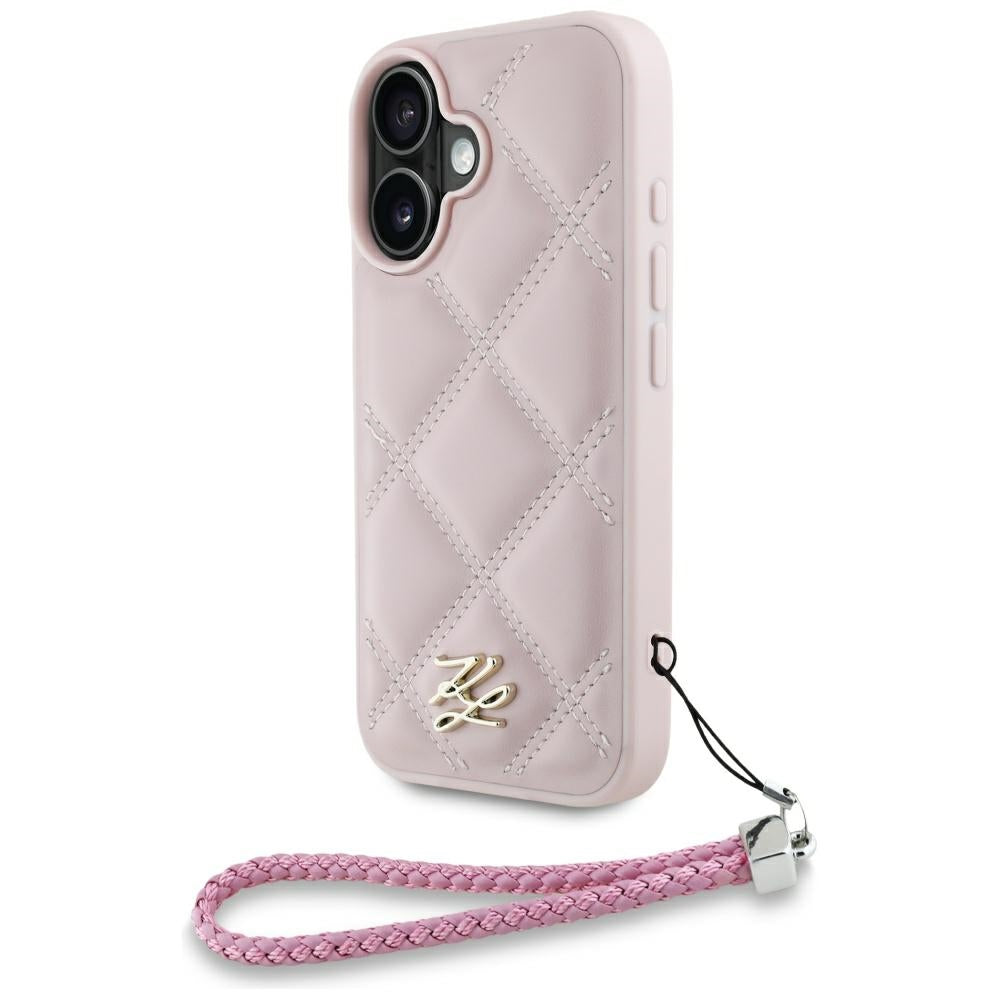 Futrola za Apple iPhone 16, Karl Lagerfeld, Quilted Initial Logo & Chain Strap, Roza