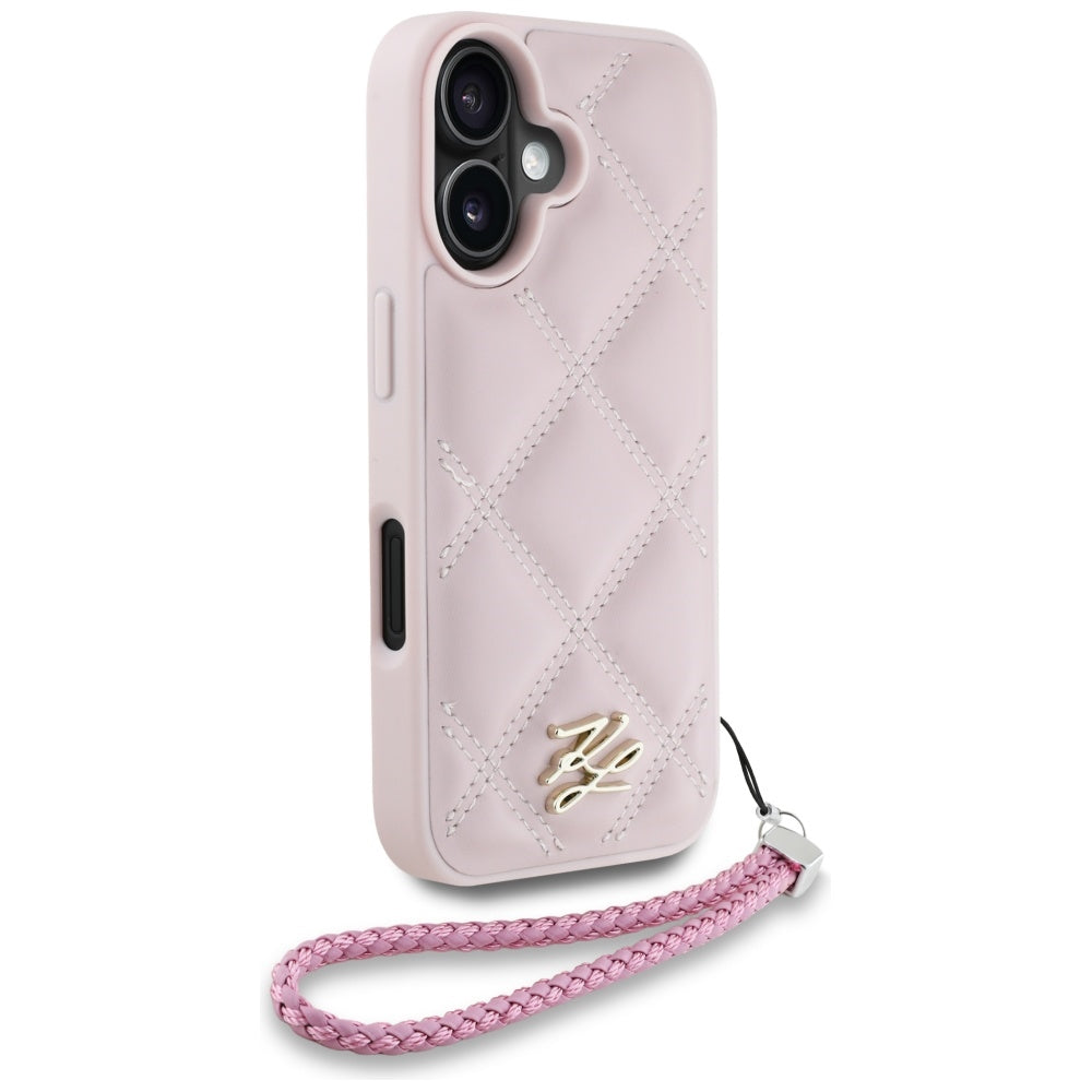 Futrola za Apple iPhone 16, Karl Lagerfeld, Quilted Initial Logo & Chain Strap, Roza