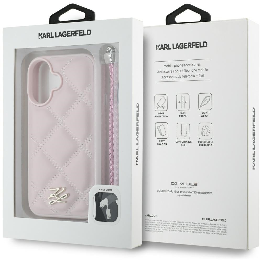 Futrola za Apple iPhone 16, Karl Lagerfeld, Quilted Initial Logo & Chain Strap, Roza