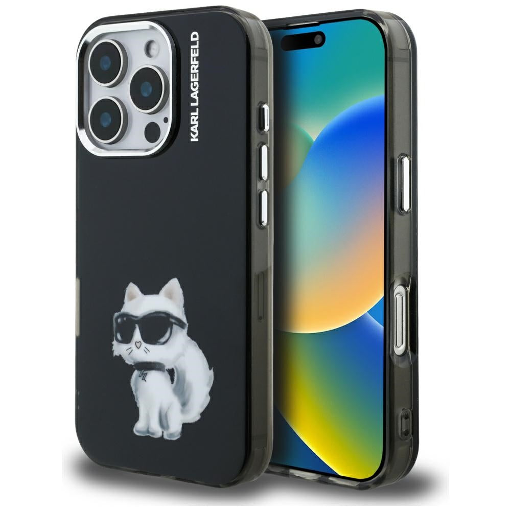 Futrola za Apple iPhone 16 Pro, Karl Lagerfeld, IML Aquarelle Logo Choupette, Crna