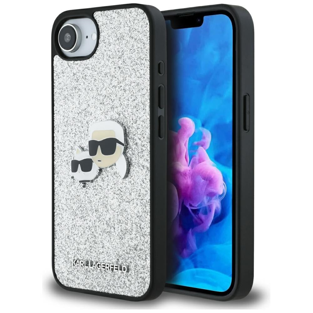 Futrola za Apple iPhone 16e, Karl Lagerfeld, Glitter Fixed Karl & Choupette's Heads, Srebrna