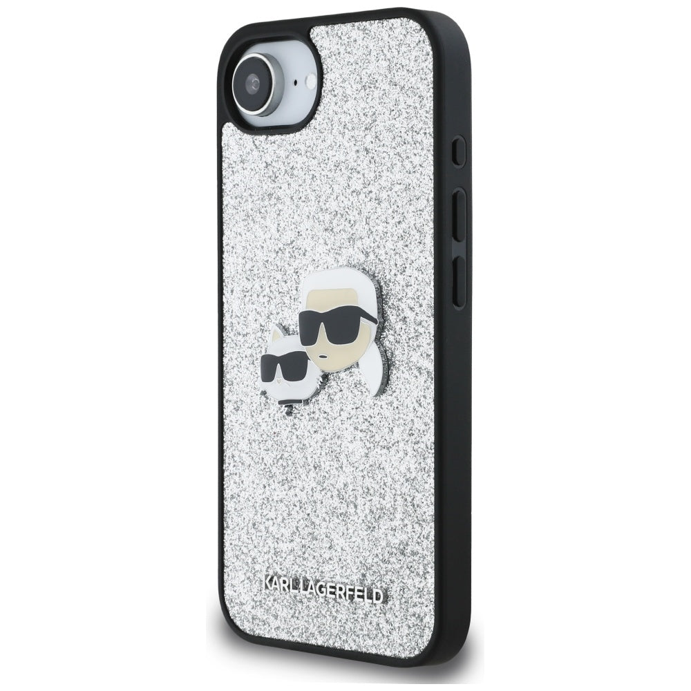 Futrola za Apple iPhone 16e, Karl Lagerfeld, Glitter Fixed Karl & Choupette's Heads, Srebrna