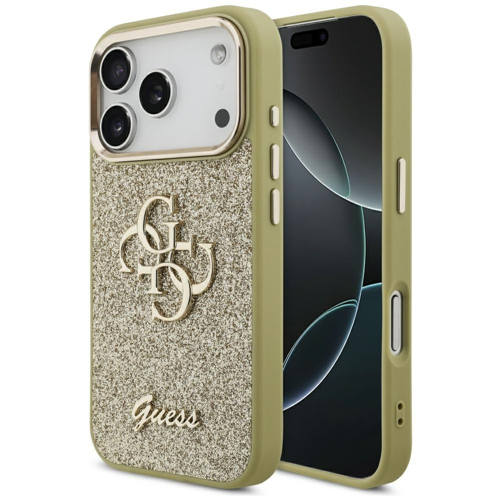 Futrola za Apple iPhone 17 Pro, Guess, Fixed Glitter Big 4G Metal Frame, Zlatna