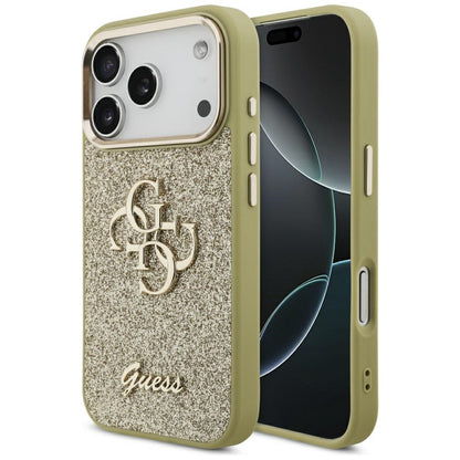 Futrola za Apple iPhone 17 Pro, Guess, Fixed Glitter Big 4G Metal Frame, Zlatna