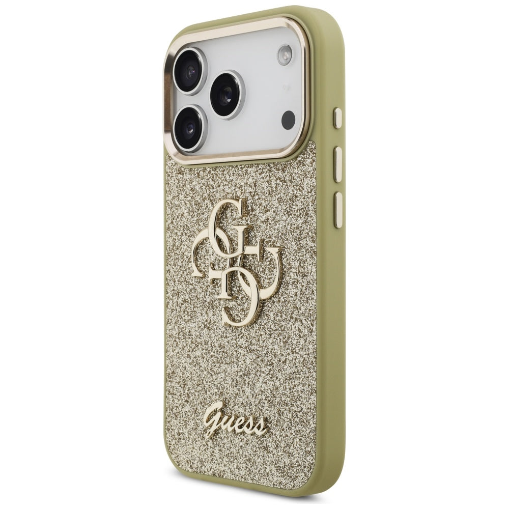 Futrola za Apple iPhone 17 Pro, Guess, Fixed Glitter Big 4G Metal Frame, Zlatna
