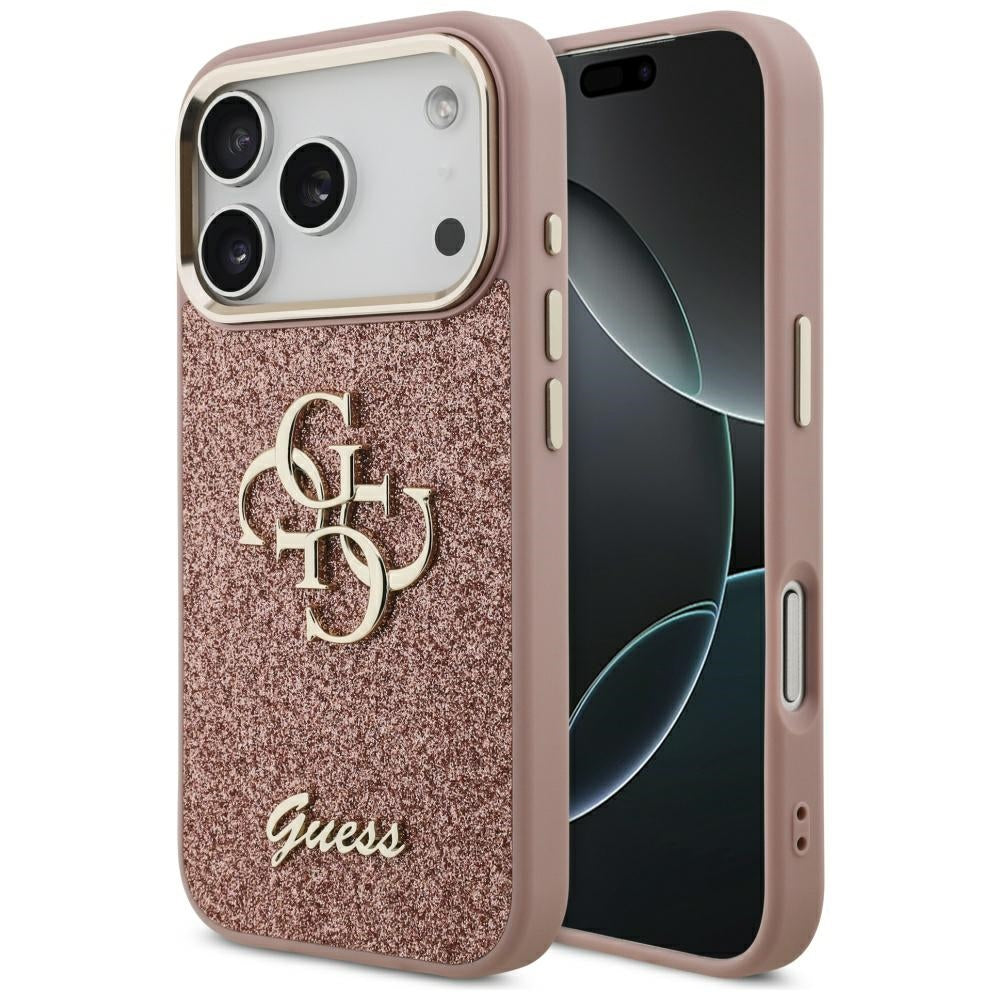 Futrola za Apple iPhone 17 Pro, Guess, Fixed Glitter Big 4G Metal Frame, Roza