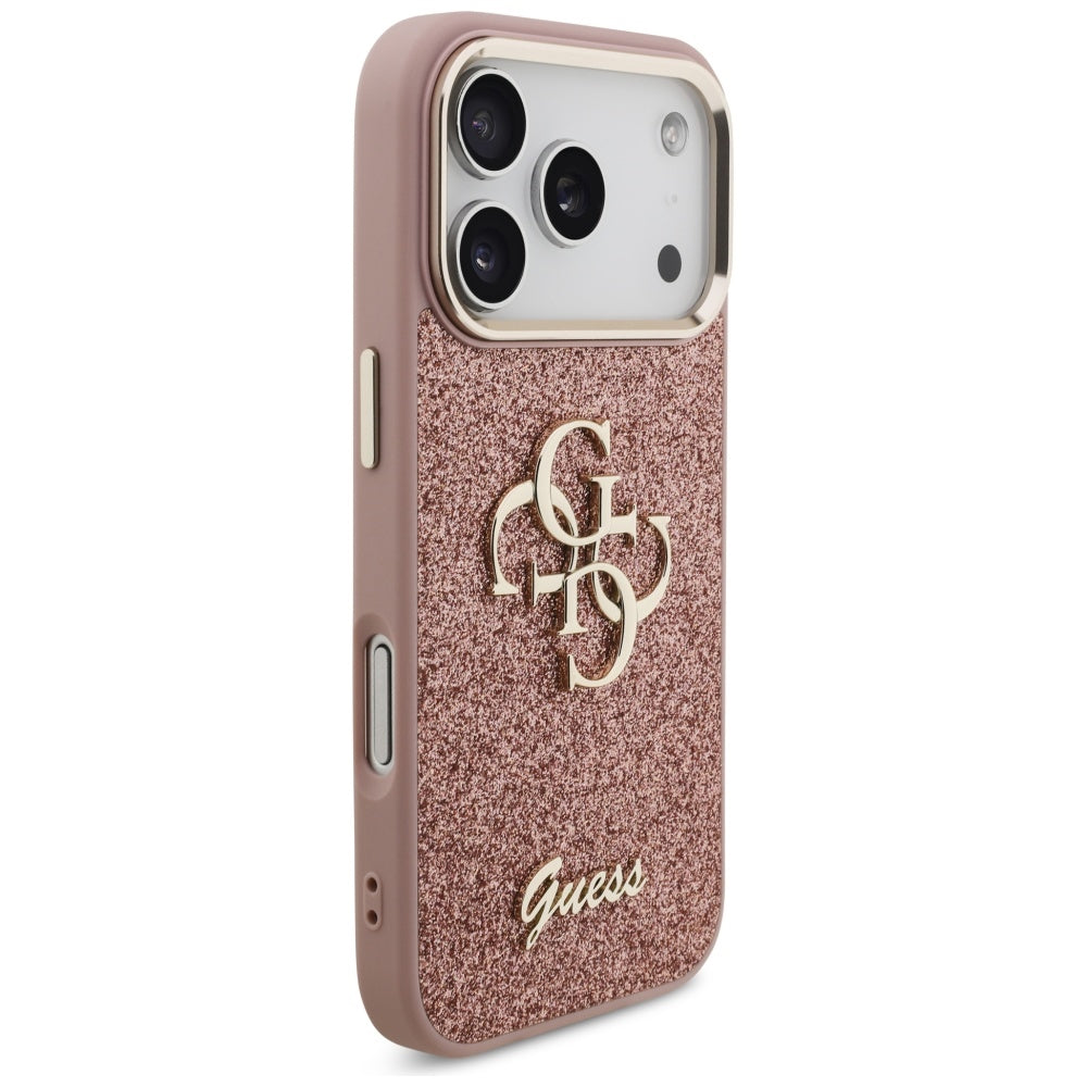 Futrola za Apple iPhone 17 Pro, Guess, Fixed Glitter Big 4G Metal Frame, Roza