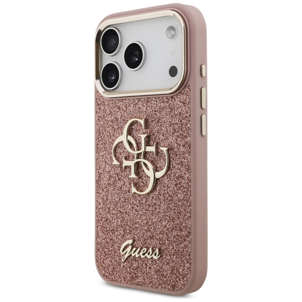 Futrola za Apple iPhone 17 Pro, Guess, Fixed Glitter Big 4G Metal Frame, Roza