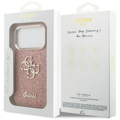 Futrola za Apple iPhone 17 Pro, Guess, Fixed Glitter Big 4G Metal Frame, Roza