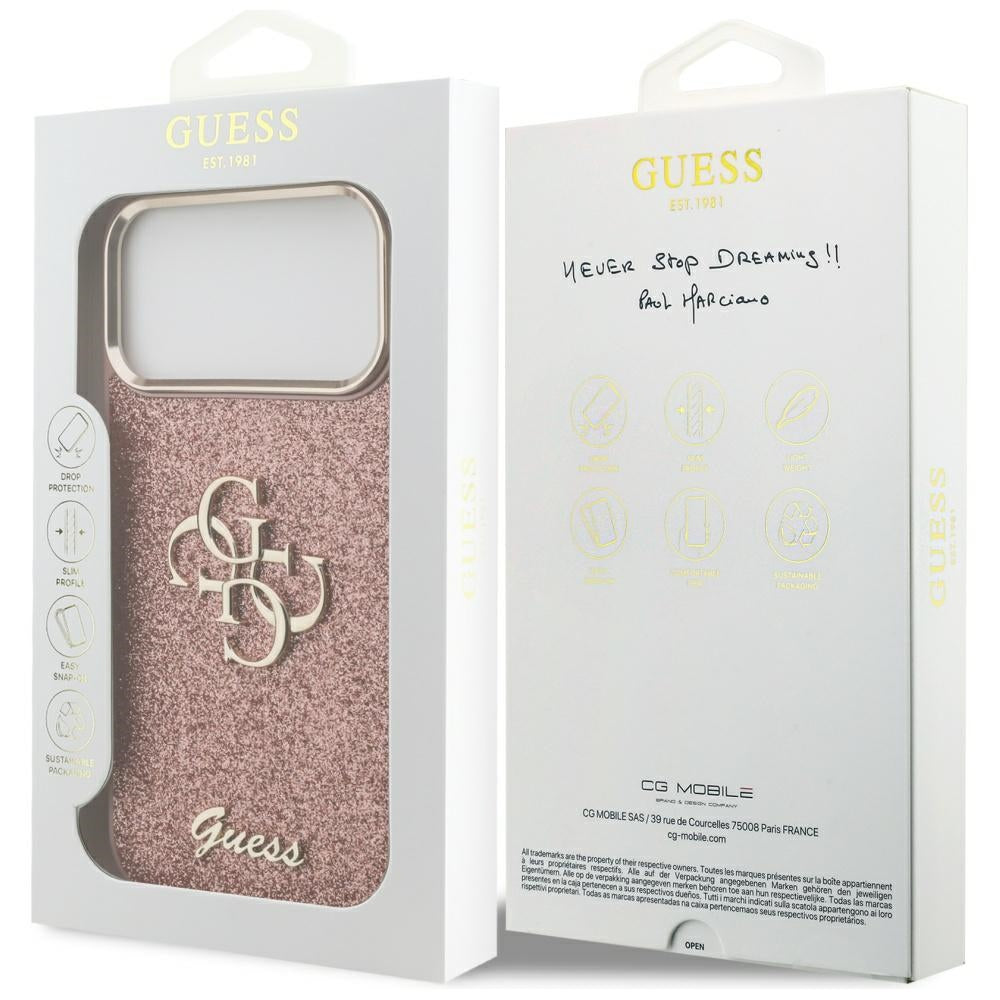Futrola za Apple iPhone 17 Pro Max, Guess, Fixed Glitter Big 4G Metal Frame, Roza