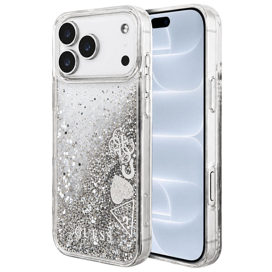 Maska za Apple iPhone 18 Pro / 17 Pro, Guess, Liquid Glitter Charms, srebrna