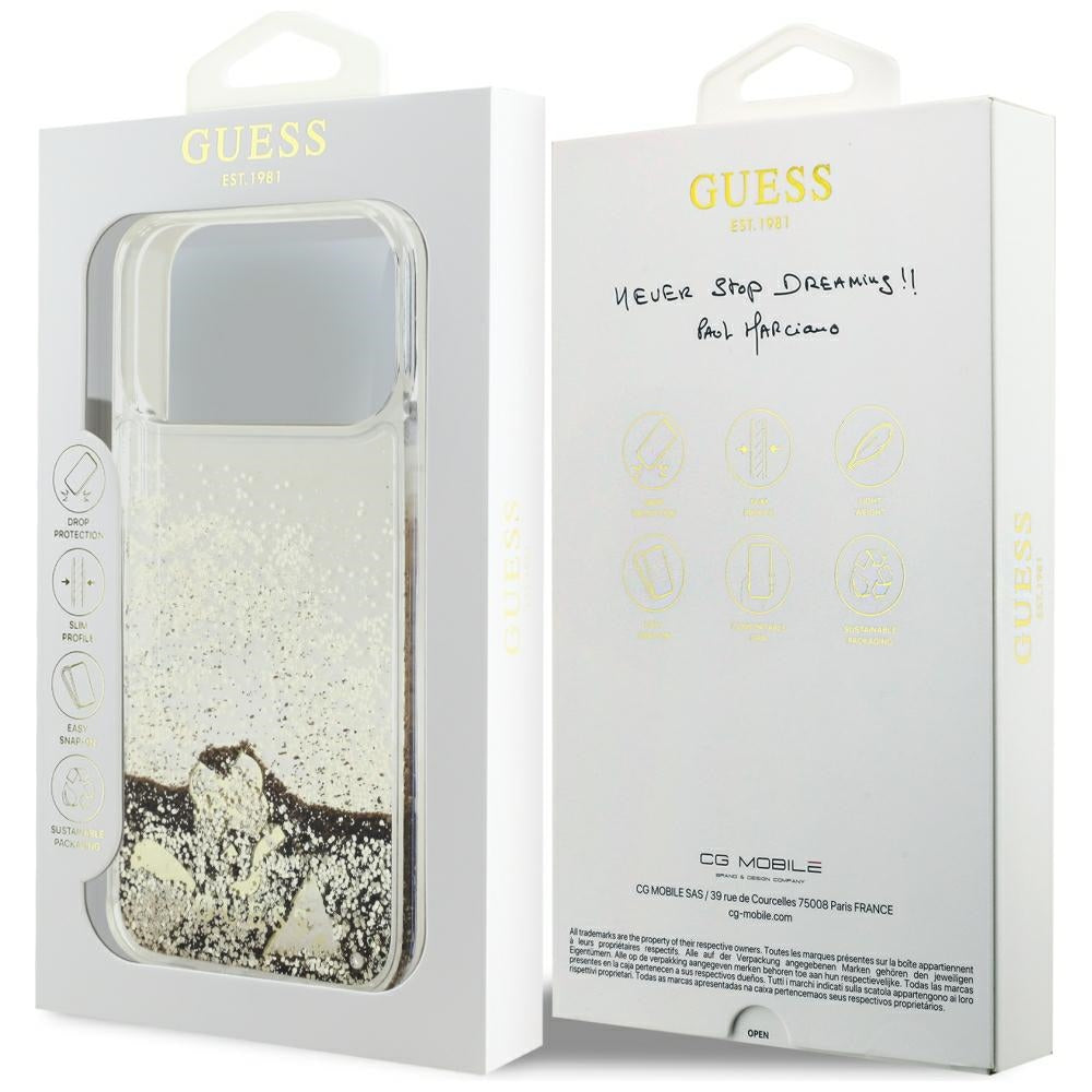 Maska za Apple iPhone 18 Pro / 17 Pro, Guess, Liquid Glitter Charms, zlatna