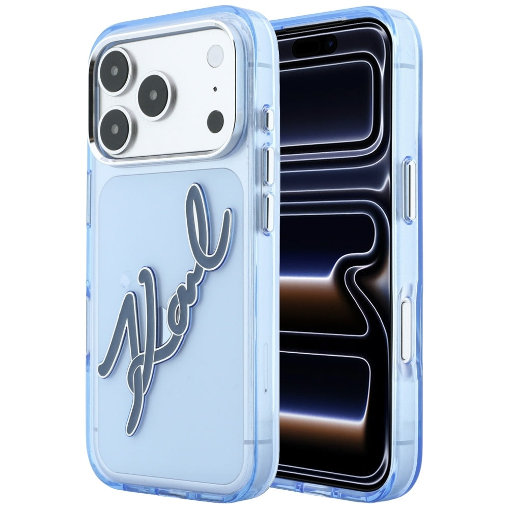 Maska za Apple iPhone 18 Pro / 17 Pro, Karl Lagerfeld, IML Big Signature Resin Logo and Metal Frame, Plava