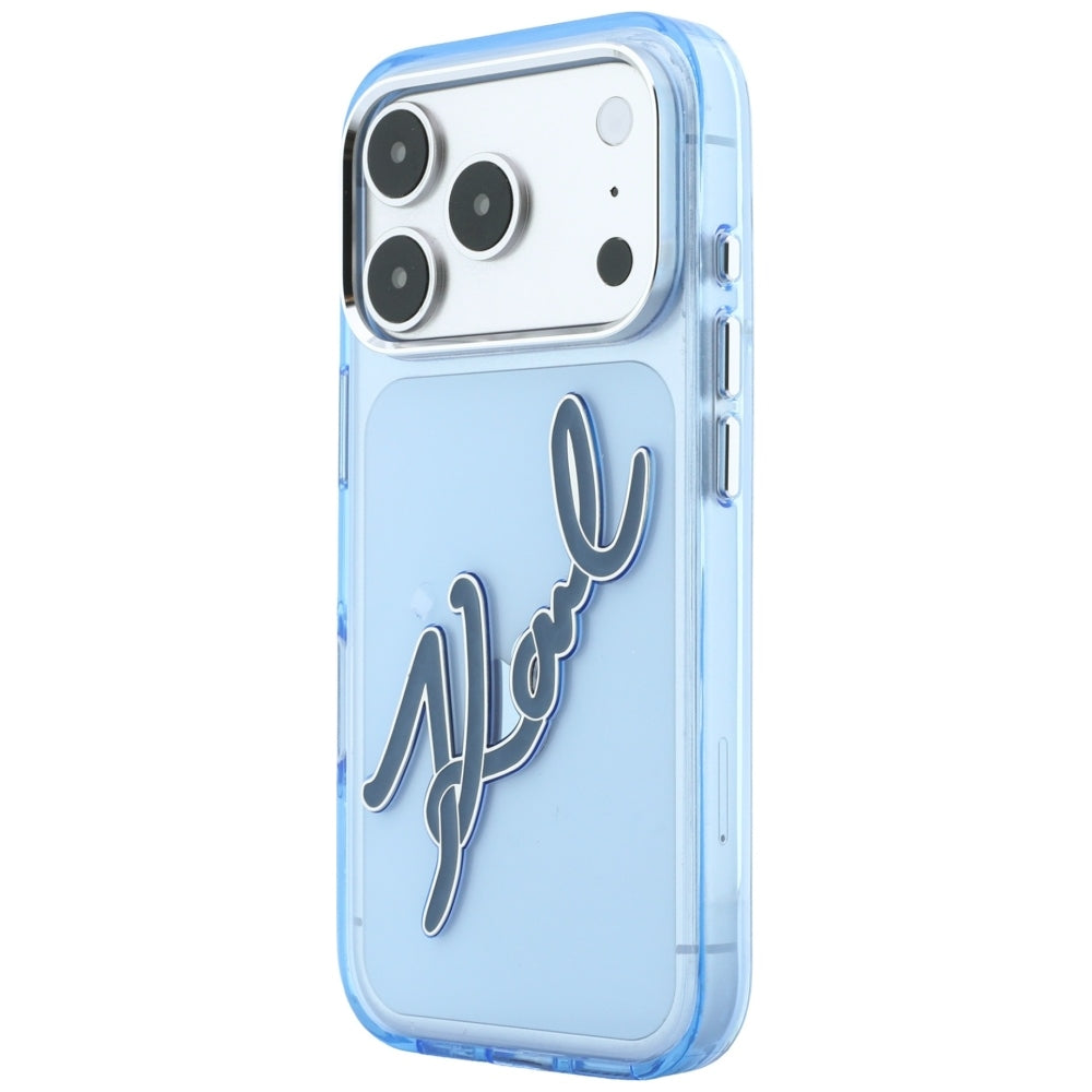 Maska za Apple iPhone 18 Pro / 17 Pro, Karl Lagerfeld, IML Big Signature Resin Logo and Metal Frame, Plava