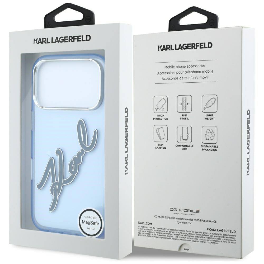 Maska za Apple iPhone 18 Pro / 17 Pro, Karl Lagerfeld, IML Big Signature Resin Logo and Metal Frame, Plava
