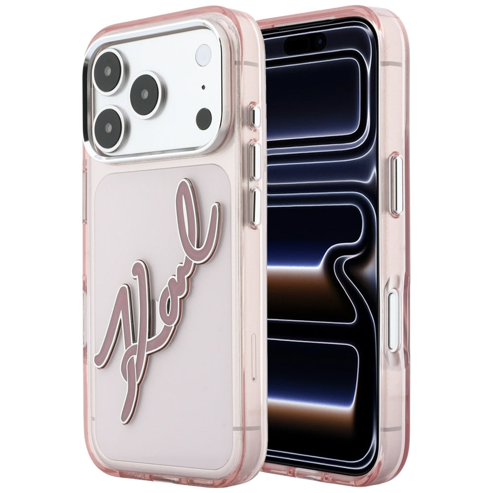 Maska za Apple iPhone 18 Pro / 17 Pro, Karl Lagerfeld, IML Big Signature Resin Logo and Metal Frame, Roza