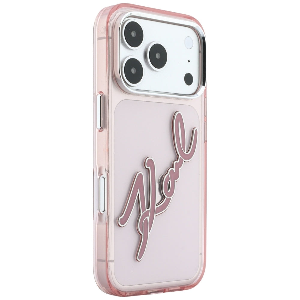 Maska za Apple iPhone 18 Pro / 17 Pro, Karl Lagerfeld, IML Big Signature Resin Logo and Metal Frame, Roza