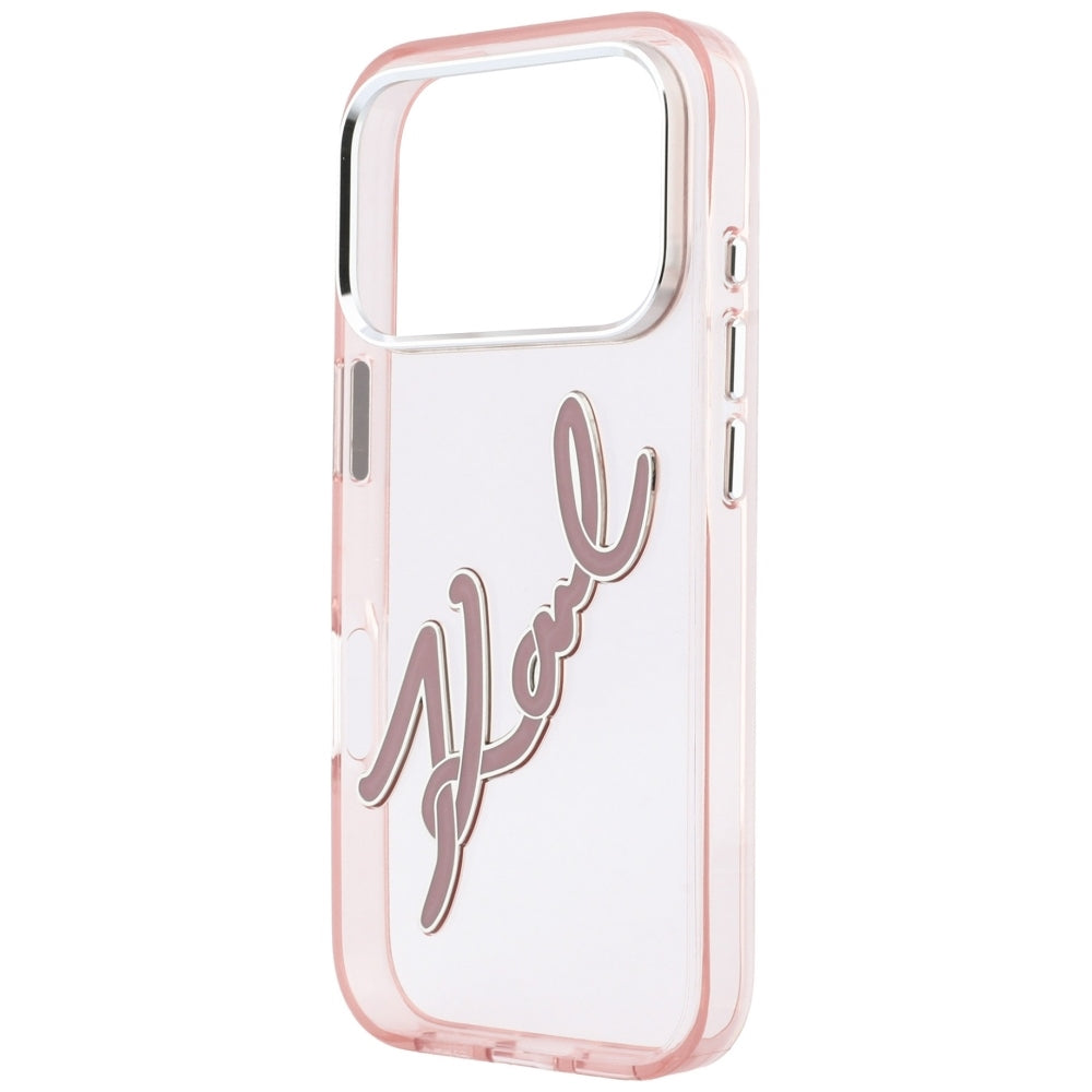 Maska za Apple iPhone 18 Pro / 17 Pro, Karl Lagerfeld, IML Big Signature Resin Logo and Metal Frame, Roza