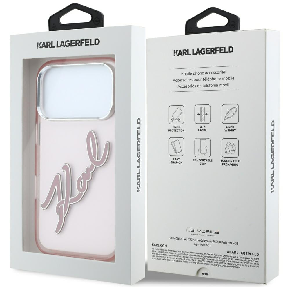 Maska za Apple iPhone 18 Pro / 17 Pro, Karl Lagerfeld, IML Big Signature Resin Logo and Metal Frame, Roza