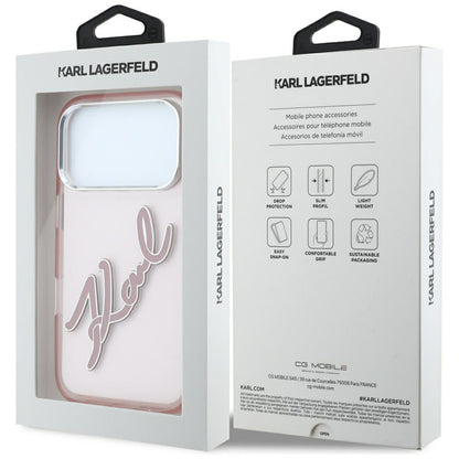 Maska za Apple iPhone 18 Pro / 17 Pro, Karl Lagerfeld, IML Big Signature Resin Logo and Metal Frame, Roza