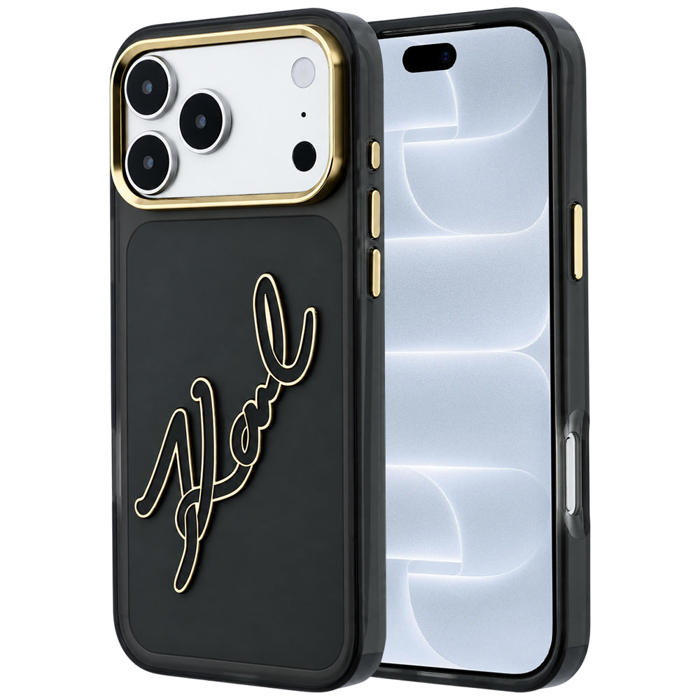 Maska za Apple iPhone 18 Pro / 17 Pro, Karl Lagerfeld, IML Big Signature Resin Logo and Metal Frame, Crna