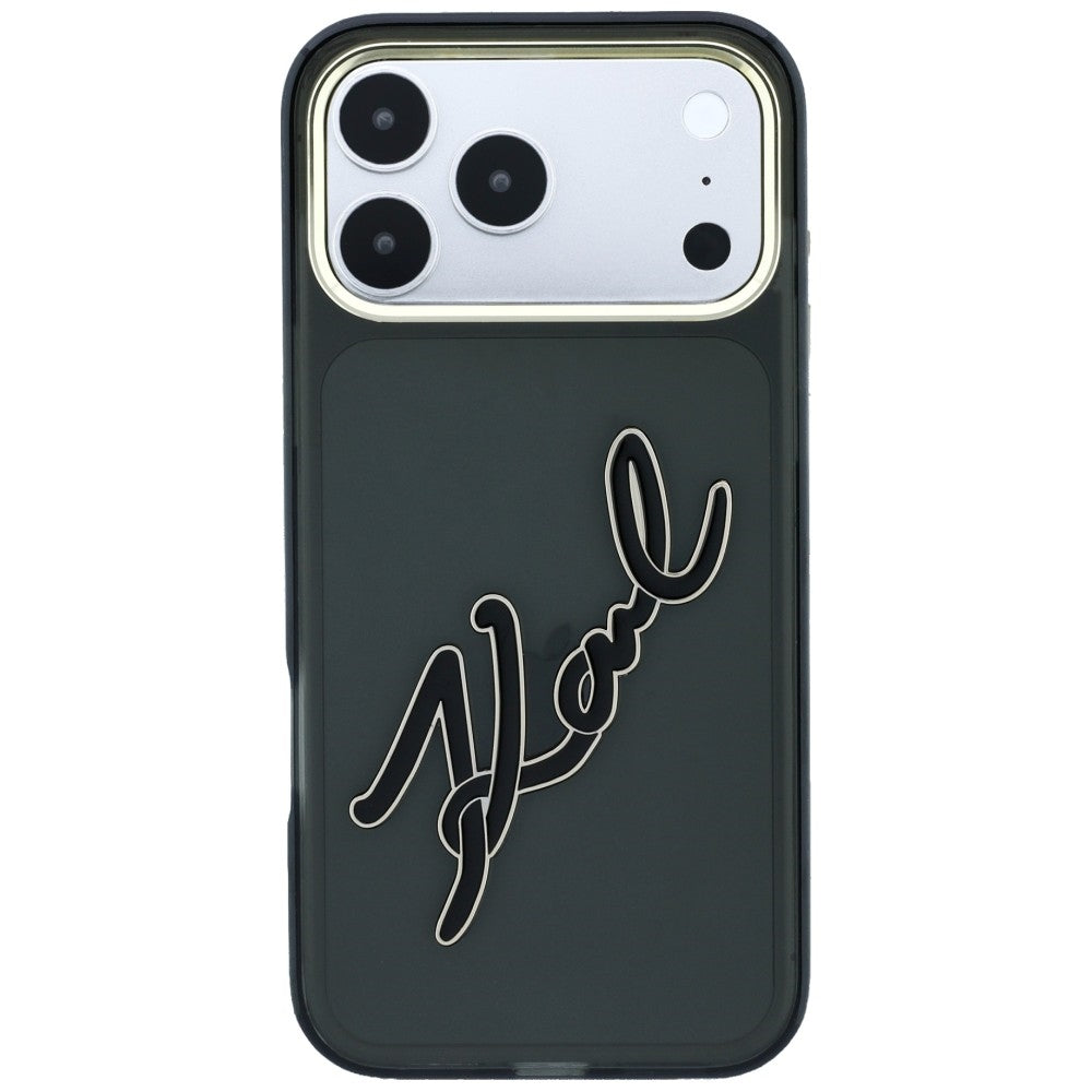 Maska za Apple iPhone 18 Pro / 17 Pro, Karl Lagerfeld, IML Big Signature Resin Logo and Metal Frame, Crna