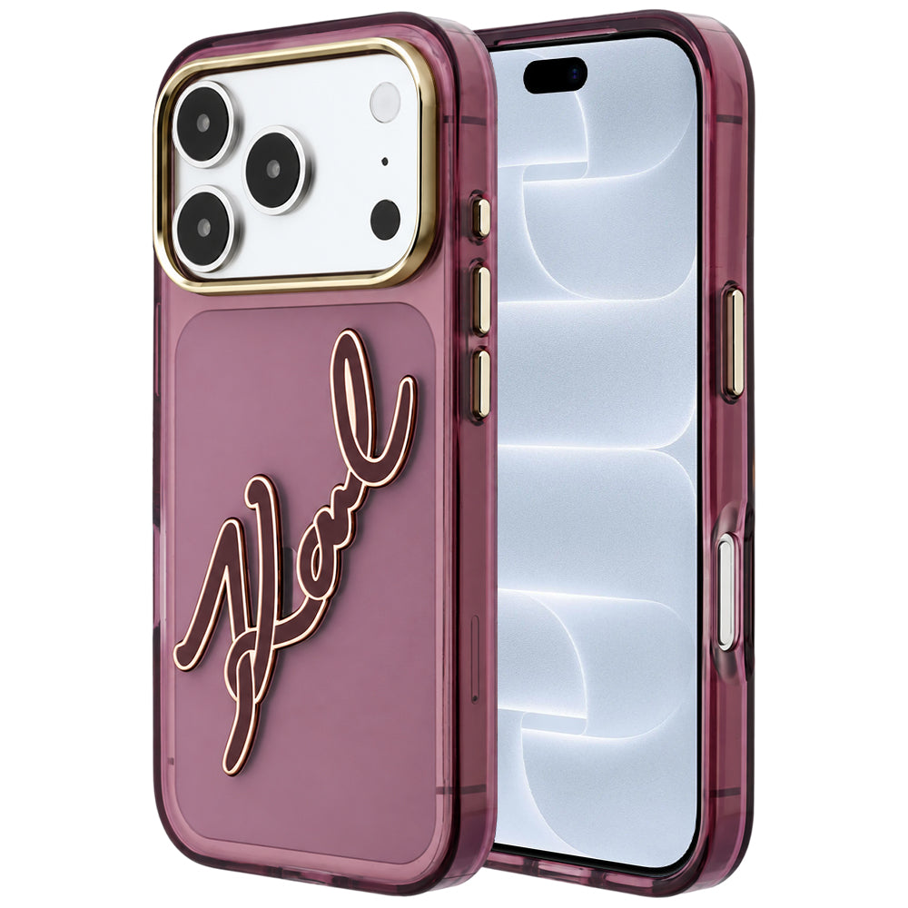 Maska za Apple iPhone 18 Pro / 17 Pro, Karl Lagerfeld, IML Big Signature Resin Logo and Metal Frame, Bordo