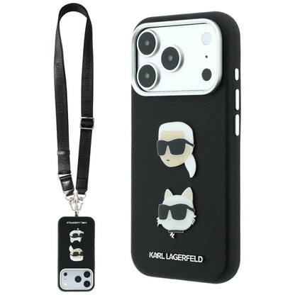 Maska za Apple iPhone 18 Pro / 17 Pro, Karl Lagerfeld, Saffiano Crossbody Karl & Choupette Head's Pins Logo, crna