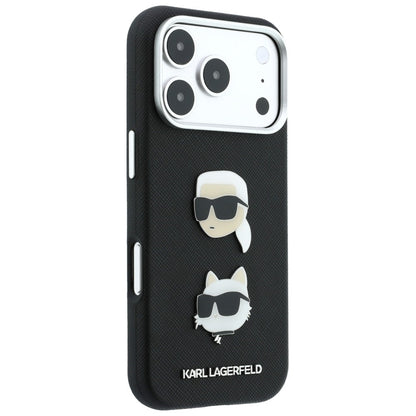 Maska za Apple iPhone 18 Pro / 17 Pro, Karl Lagerfeld, Saffiano Crossbody Karl & Choupette Head's Pins Logo, crna