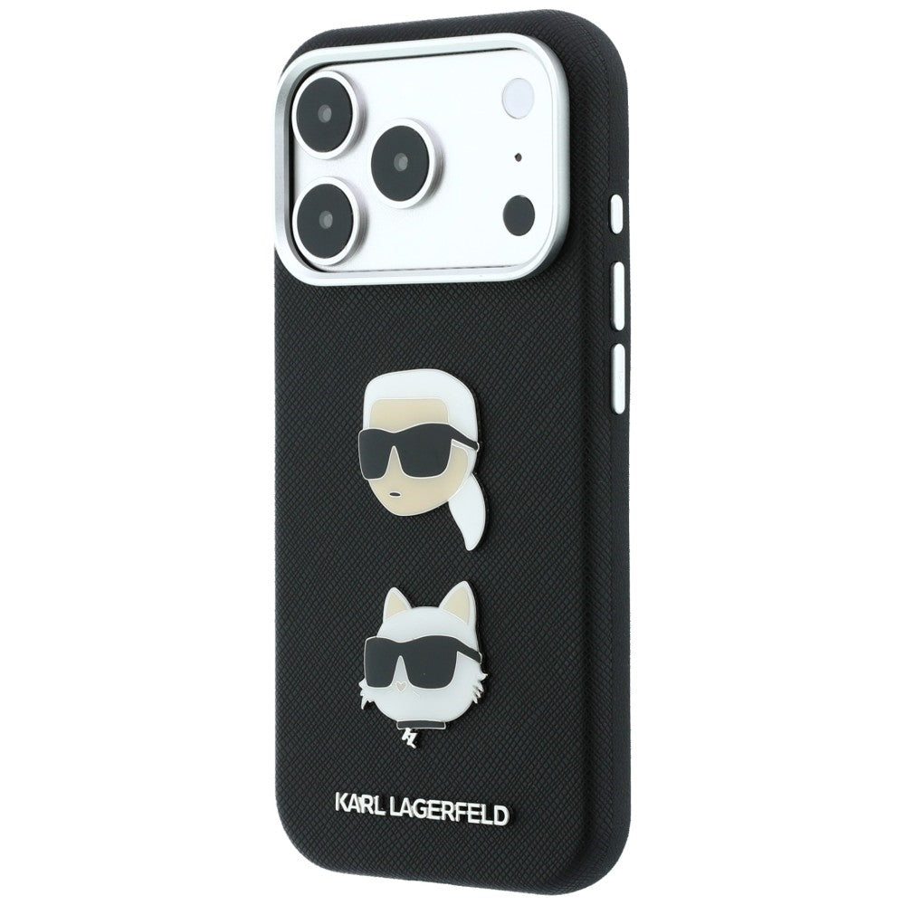 Maska za Apple iPhone 18 Pro / 17 Pro, Karl Lagerfeld, Saffiano Crossbody Karl & Choupette Head's Pins Logo, crna