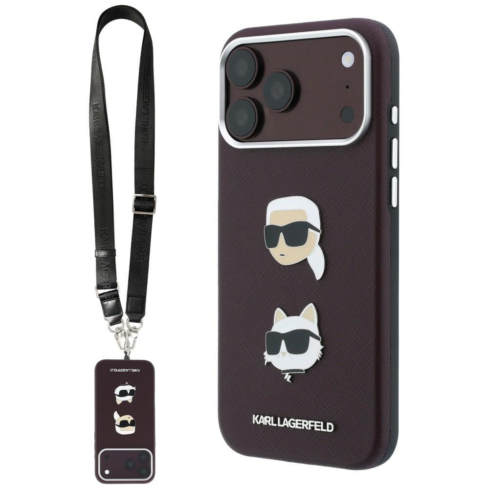 Maska za Apple iPhone 18 Pro / 17 Pro, Karl Lagerfeld, Saffiano Crossbody Karl & Choupette Head's Pins Logo, bordo
