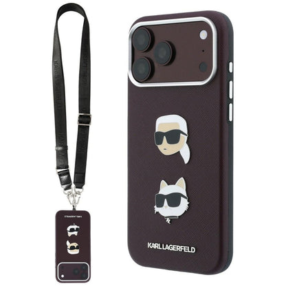 Maska za Apple iPhone 18 Pro / 17 Pro, Karl Lagerfeld, Saffiano Crossbody Karl & Choupette Head's Pins Logo, bordo