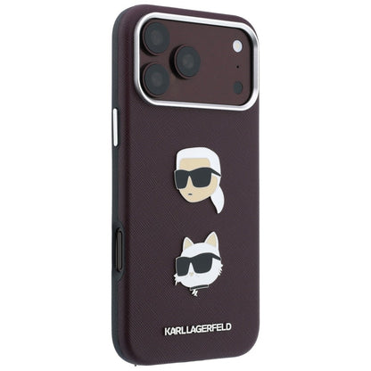 Maska za Apple iPhone 18 Pro / 17 Pro, Karl Lagerfeld, Saffiano Crossbody Karl & Choupette Head's Pins Logo, bordo