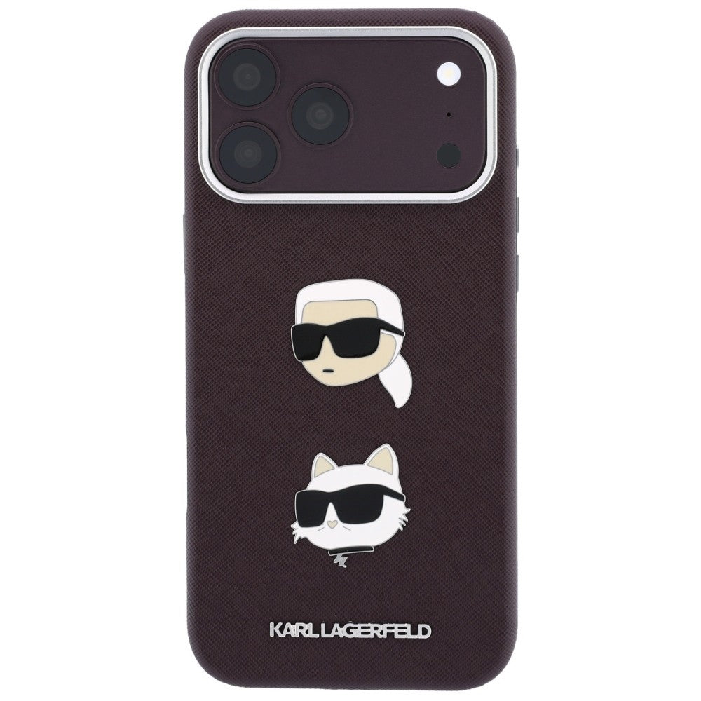 Maska za Apple iPhone 18 Pro / 17 Pro, Karl Lagerfeld, Saffiano Crossbody Karl & Choupette Head's Pins Logo, bordo