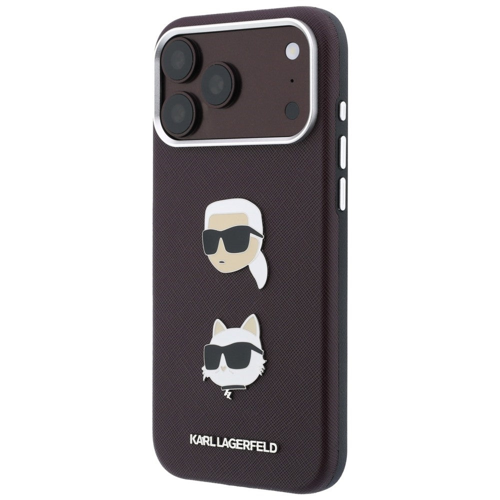 Maska za Apple iPhone 18 Pro / 17 Pro, Karl Lagerfeld, Saffiano Crossbody Karl & Choupette Head's Pins Logo, bordo