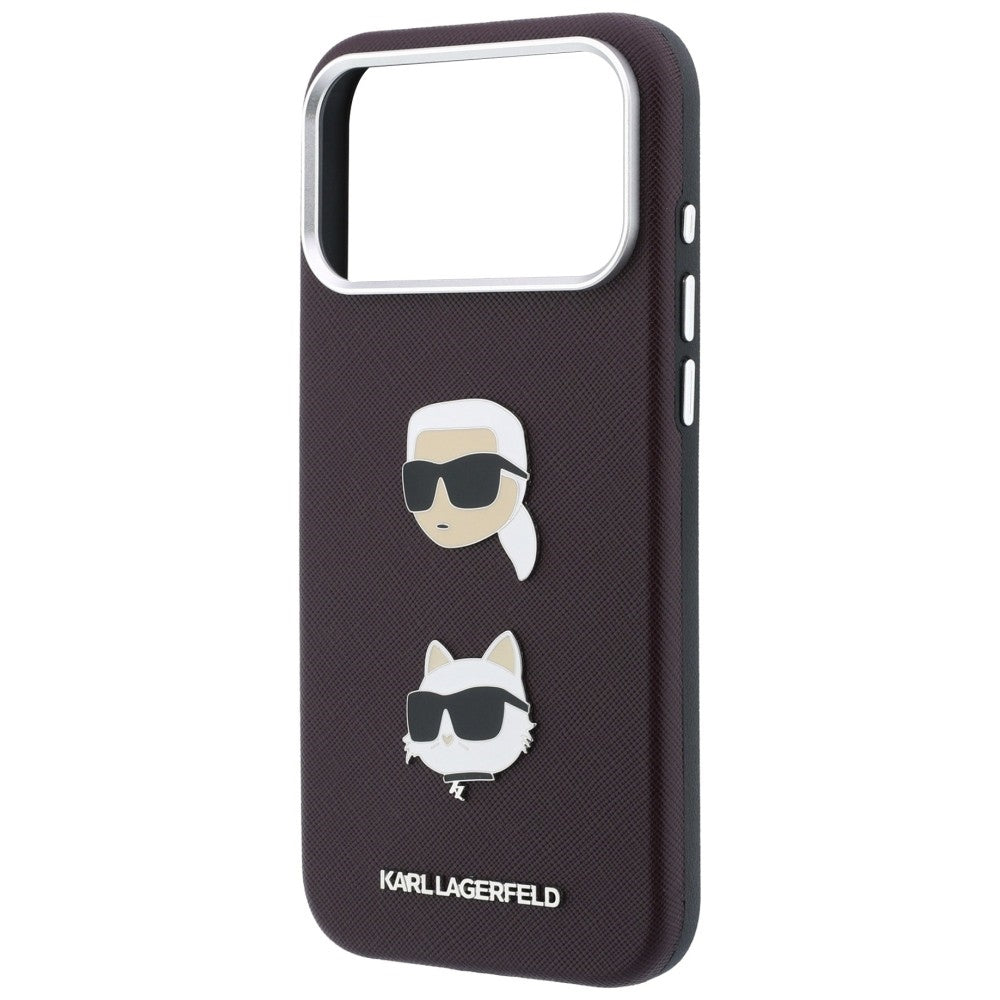 Maska za Apple iPhone 18 Pro / 17 Pro, Karl Lagerfeld, Saffiano Crossbody Karl & Choupette Head's Pins Logo, bordo