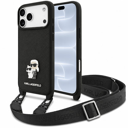 Maskica za Apple iPhone 18 Pro / 17 Pro, Karl Lagerfeld, Saffiano Crossbody Metal Pin Karl & Choupette, crna