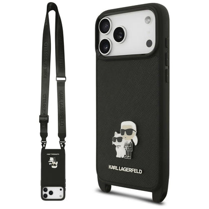 Maskica za Apple iPhone 18 Pro / 17 Pro, Karl Lagerfeld, Saffiano Crossbody Metal Pin Karl & Choupette, crna