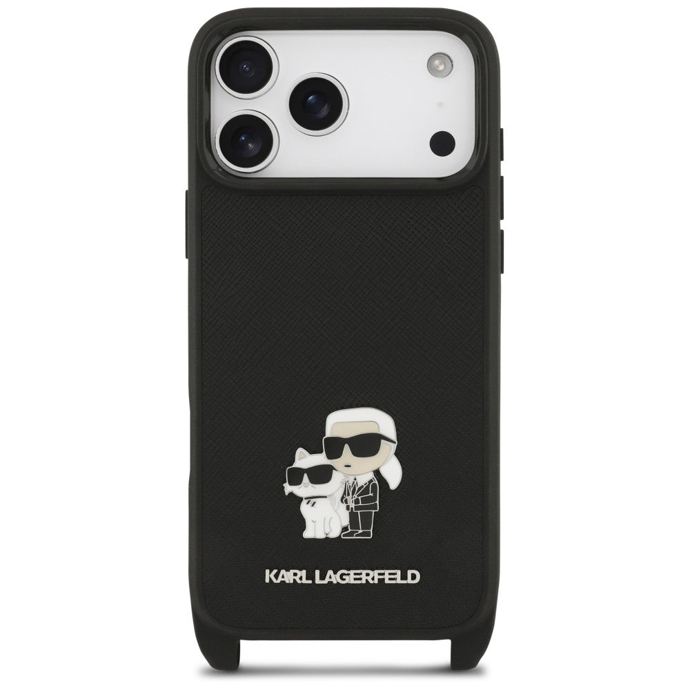 Maskica za Apple iPhone 18 Pro / 17 Pro, Karl Lagerfeld, Saffiano Crossbody Metal Pin Karl & Choupette, crna