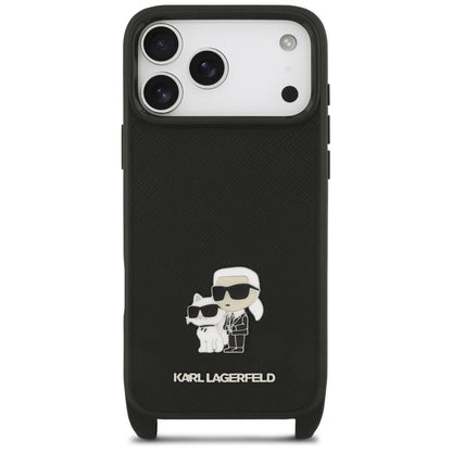 Maskica za Apple iPhone 18 Pro / 17 Pro, Karl Lagerfeld, Saffiano Crossbody Metal Pin Karl & Choupette, crna