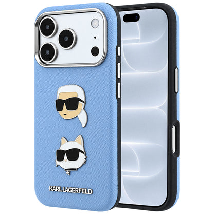 Maska za Apple iPhone 18 Pro / 17 Pro, Karl Lagerfeld, Saffiano s iglom s glavama Karla i Choupette te logotipom, plava