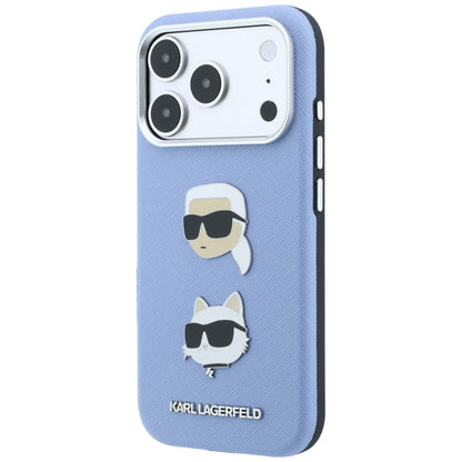 Maska za Apple iPhone 18 Pro / 17 Pro, Karl Lagerfeld, Saffiano s iglom s glavama Karla i Choupette te logotipom, plava