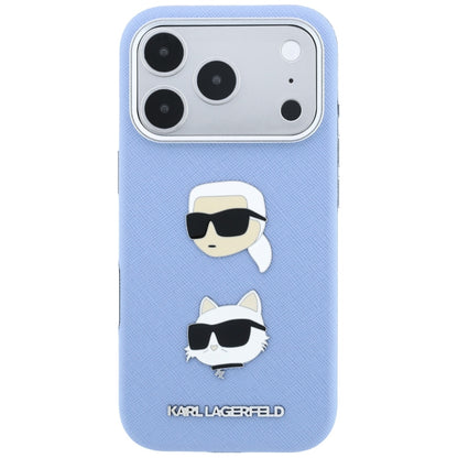 Maska za Apple iPhone 18 Pro / 17 Pro, Karl Lagerfeld, Saffiano s iglom s glavama Karla i Choupette te logotipom, plava