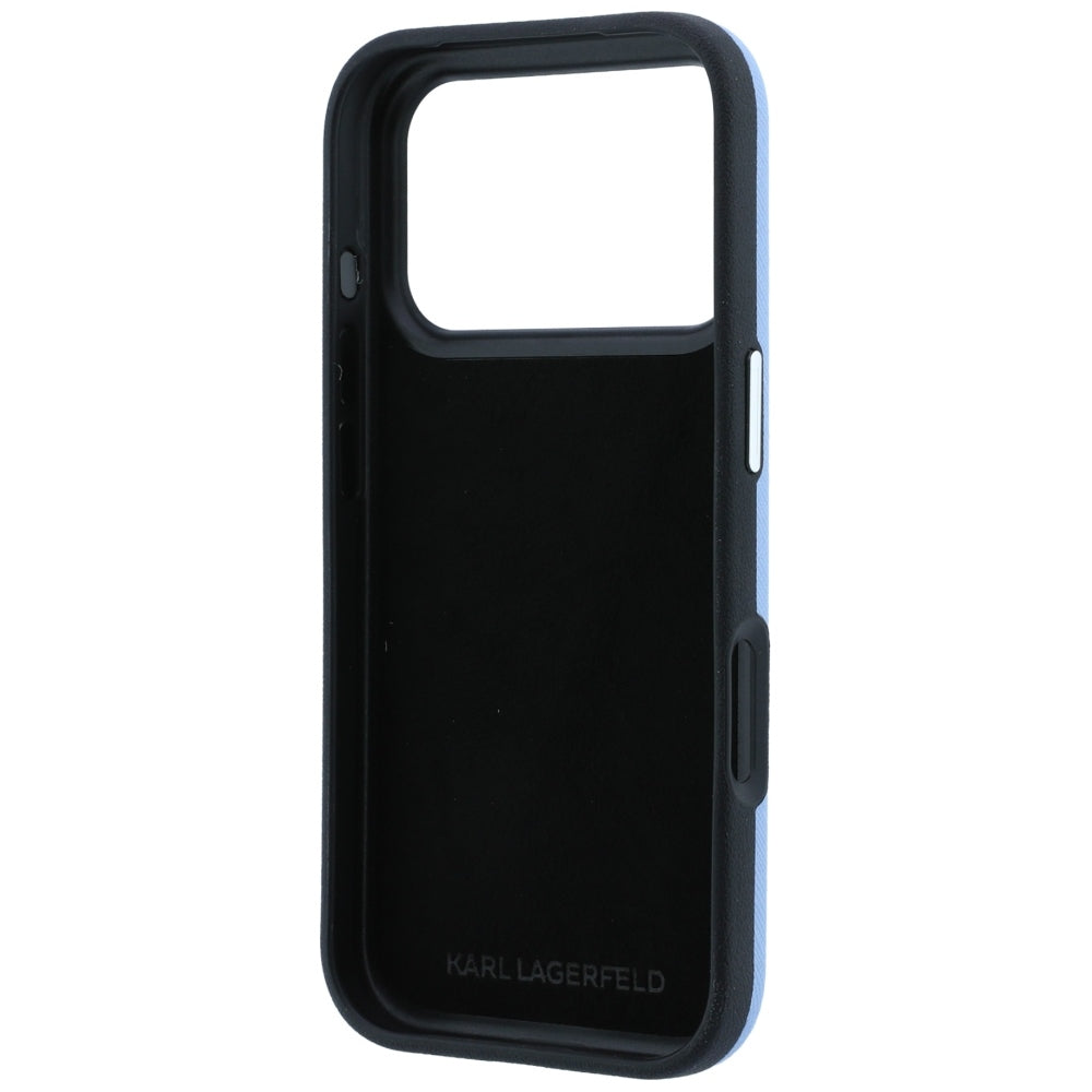 Maska za Apple iPhone 18 Pro / 17 Pro, Karl Lagerfeld, Saffiano s iglom s glavama Karla i Choupette te logotipom, plava