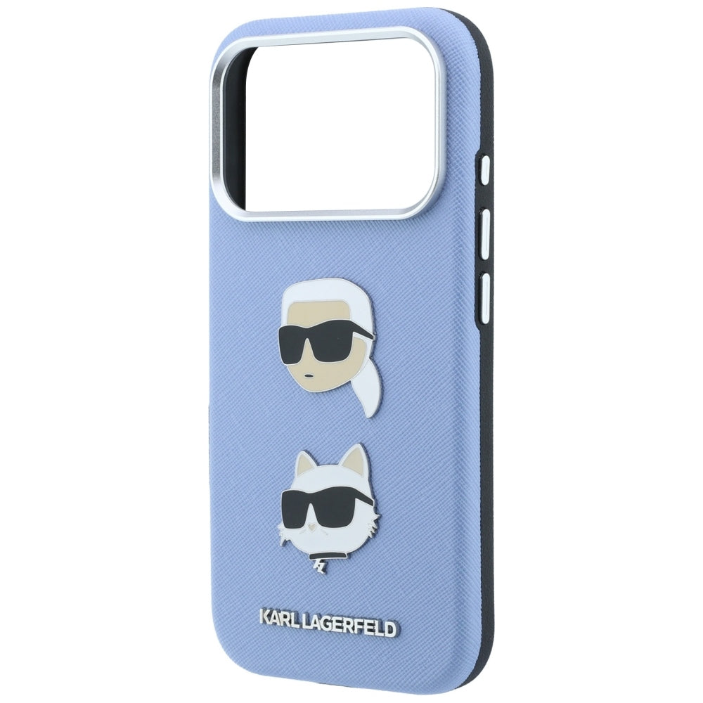 Maska za Apple iPhone 18 Pro / 17 Pro, Karl Lagerfeld, Saffiano s iglom s glavama Karla i Choupette te logotipom, plava